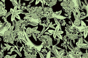 复古手绘风绿色花卉面料印花素材，适用于服装印花设计