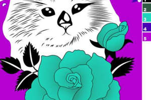 可爱猫咪与青绿玫瑰插画风面料印花素材，适用于服装印花设计