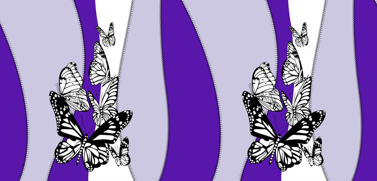 紫色波浪拉链背景蝴蝶群飞图案——优质服装印花素材