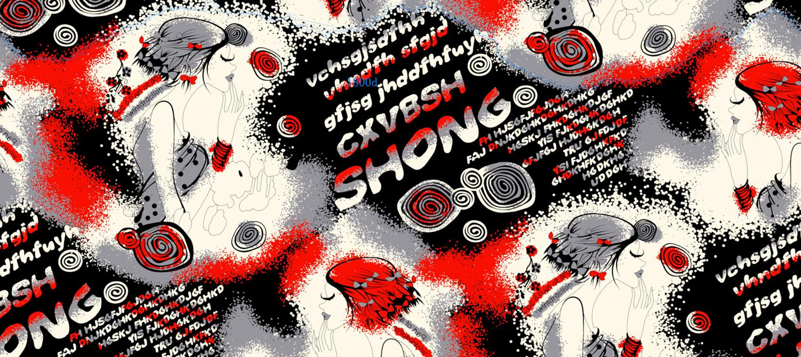 红黑灰撞色手绘风女性插画面料印花素材,适用于服装印花设计