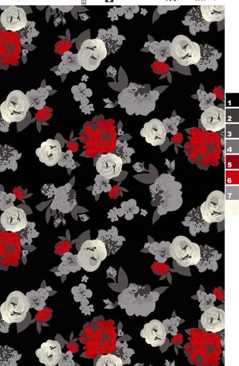 黑底红白灰花卉面料印花素材,适用于服装印花设计与数码印染