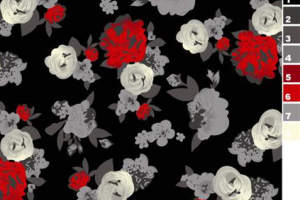 黑底红白灰花卉面料印花素材，适用于服装印花设计与数码印染
