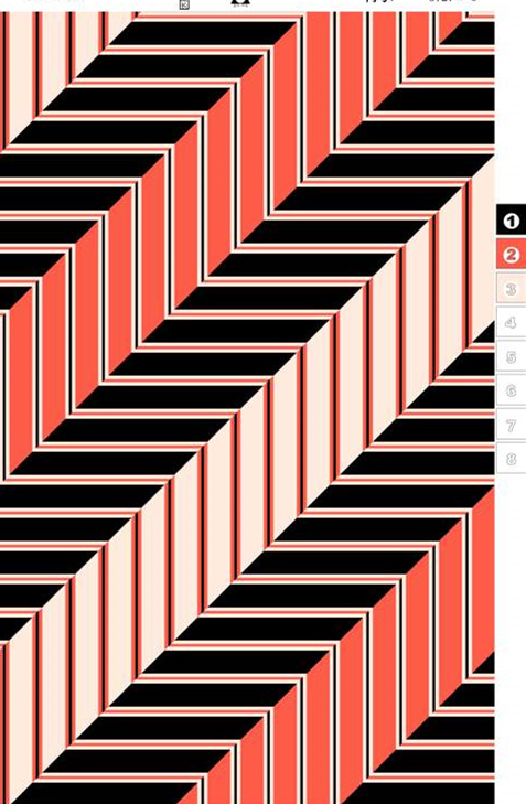 几何立体感红黑条纹面料印花素材,适用于现代服装印花设计