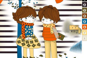 温馨插画风情侣图案面料印花素材，适用于童装与休闲服装印花设计