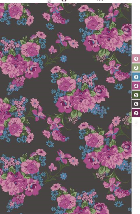 复古紫蓝花卉面料印花素材,适用于女装衬衫与连衣裙服装印花设计