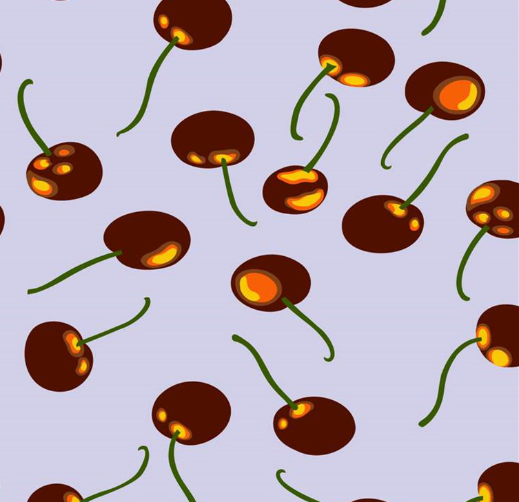 樱桃手绘风面料印花素材,适用于T恤、连衣裙等服装印花设计