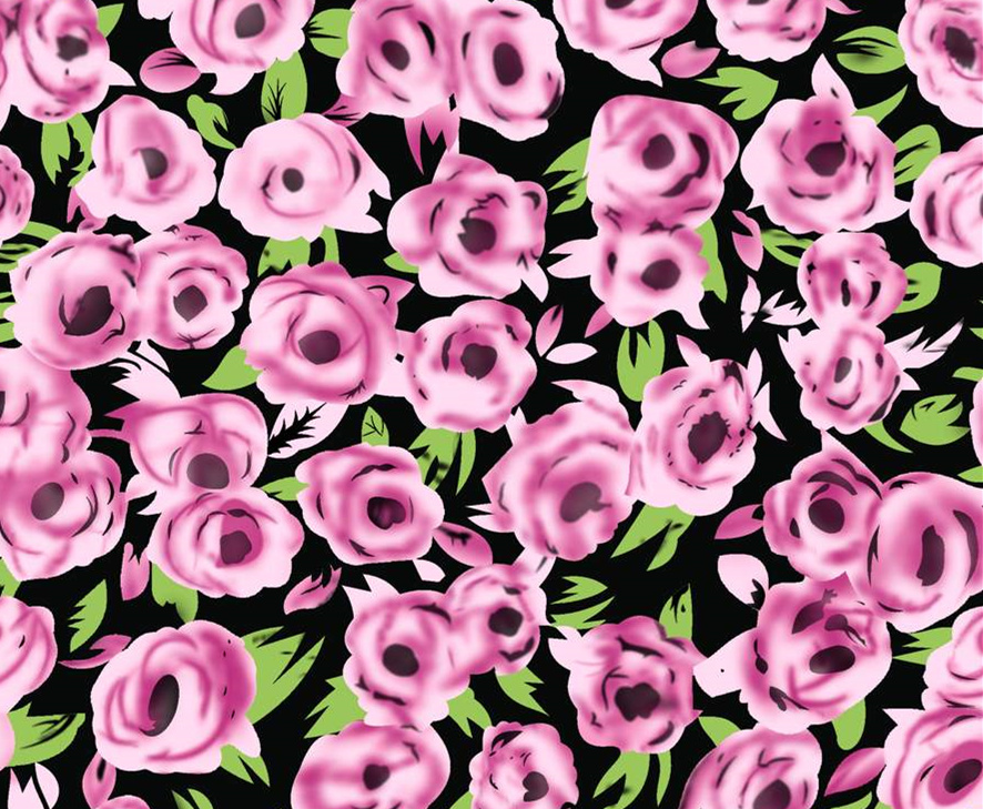 黑底粉玫瑰面料印花素材,适用于服装印花设计的高对比花卉图案