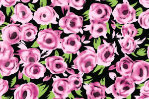 黑底粉玫瑰面料印花素材，适用于服装印花设计的高对比花卉图案
