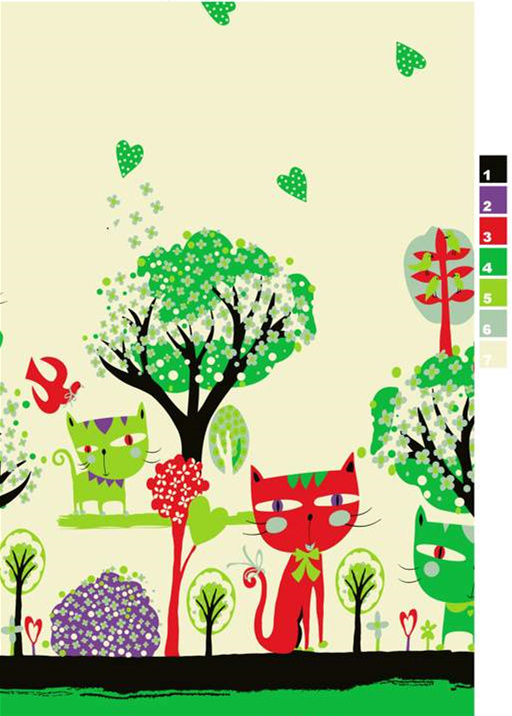 童趣森林猫咪主题面料印花素材,适用于儿童服装印花设计