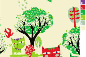 童趣森林猫咪主题面料印花素材，适用于儿童服装印花设计