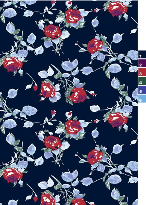 深蓝底红玫瑰手绘风面料印花素材,适用于服装印花设计