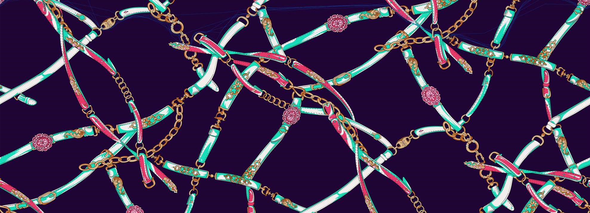 复古链条与花卉交织的服装印花素材,适用于高端面料印花设计