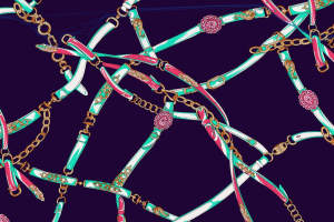 复古链条与花卉交织的服装印花素材，适用于高端面料印花设计