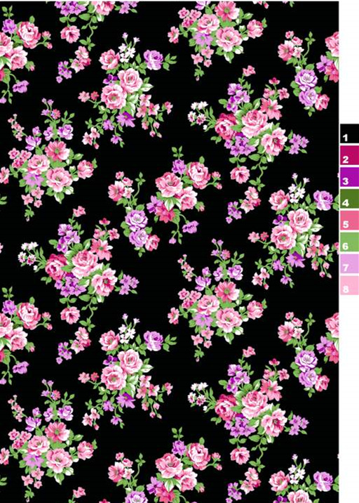 黑底粉紫玫瑰花卉面料印花素材,适用于服装印花设计