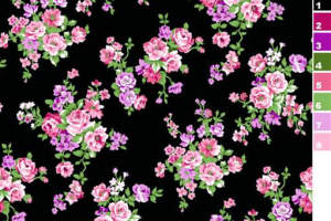 黑底粉紫玫瑰花卉面料印花素材，适用于服装印花设计
