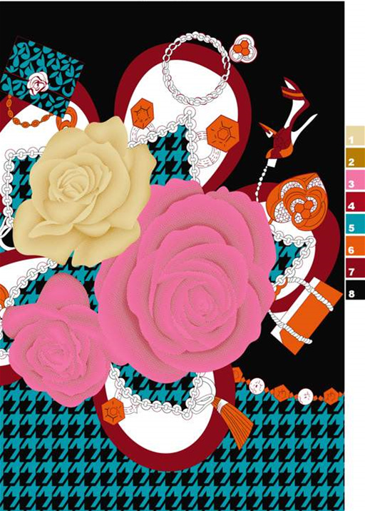 复古玫瑰与千鸟格拼贴风服装印花素材,高辨识度面料印花设计