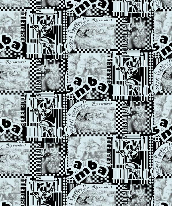 黑白拼贴风巴西狂欢节主题面料印花素材,适用于服装印花设计