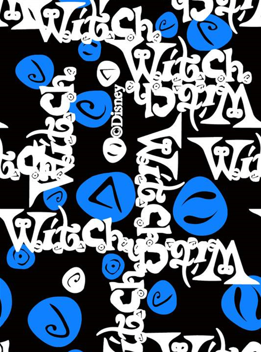 迪士尼风格‘Witch’字母与蓝圆点组合面料印花素材