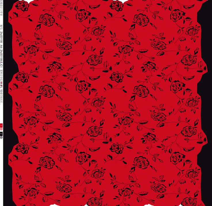 经典黑红玫瑰藤蔓面料印花素材,适用于服装印花设计