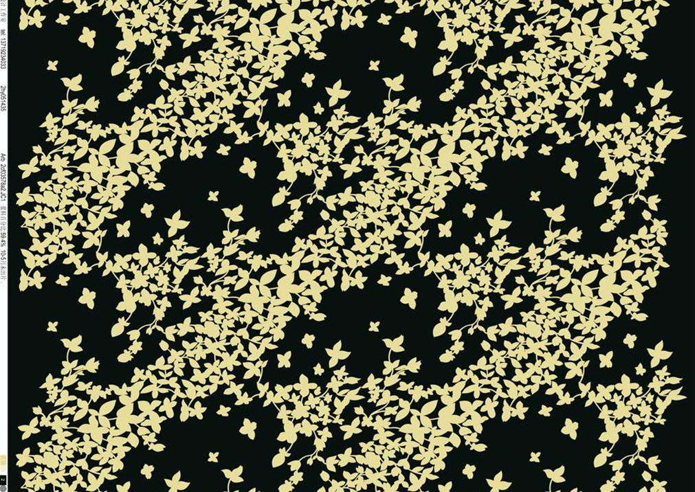 黑底米黄藤蔓花卉面料印花素材,适用于服装印花设计