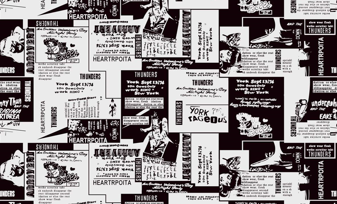 复古拼贴风面料印花素材,适用于服装印花设计的黑白图文组合图案