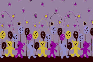 可爱小熊与爱心气球图案面料印花素材，适用于儿童服装印花设计