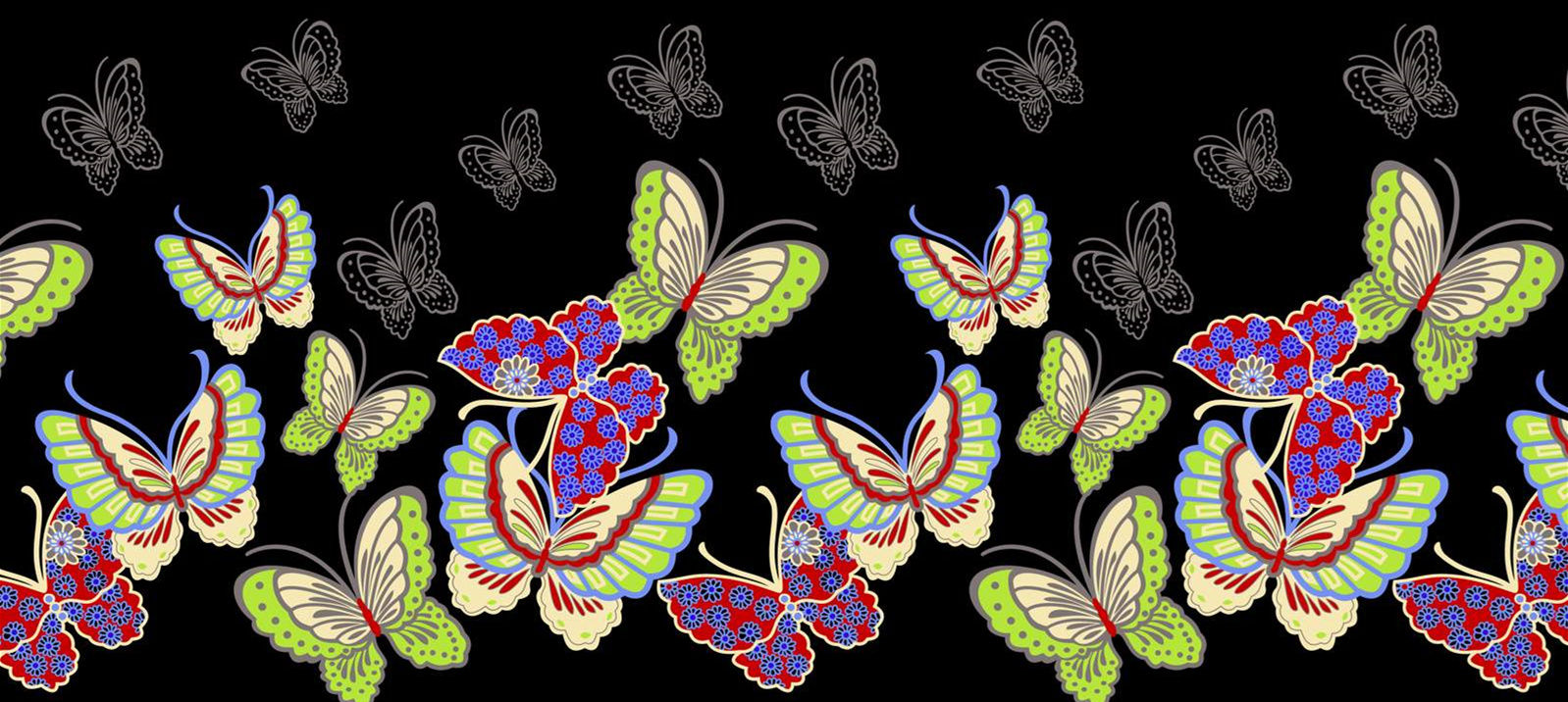 复古蝴蝶花卉图案面料印花素材,适用于服装印花设计