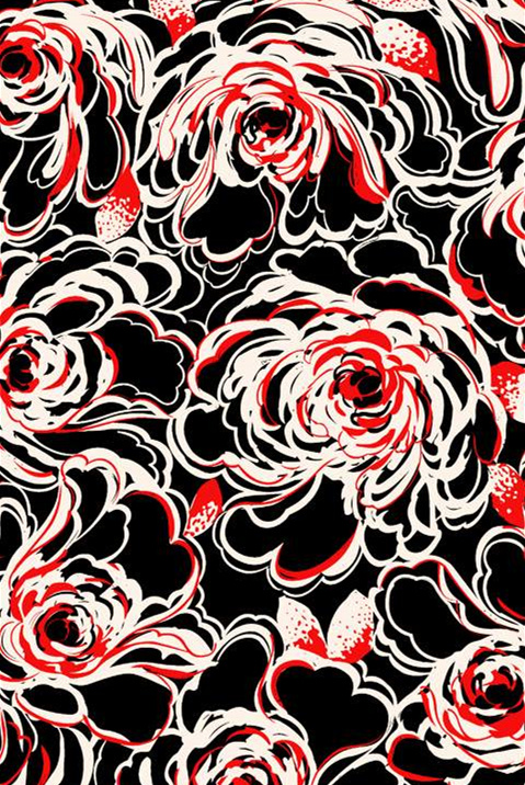 高对比度红黑白花卉面料印花素材,适用于服装印花设计