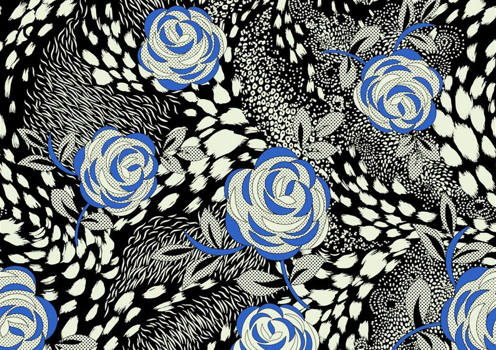 蓝白玫瑰手绘风面料印花素材,适用于服装印花设计与数码印染