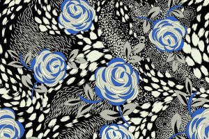 蓝白玫瑰手绘风面料印花素材，适用于服装印花设计与数码印染