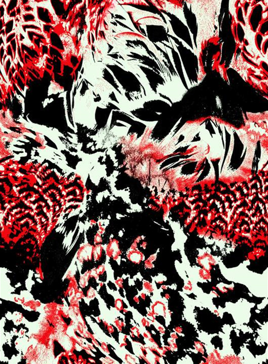 高对比红黑抽象花卉面料印花素材,适用于潮流服装印花设计