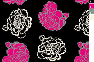 高对比度玫红黑底花卉面料印花素材，适用于服装印花设计