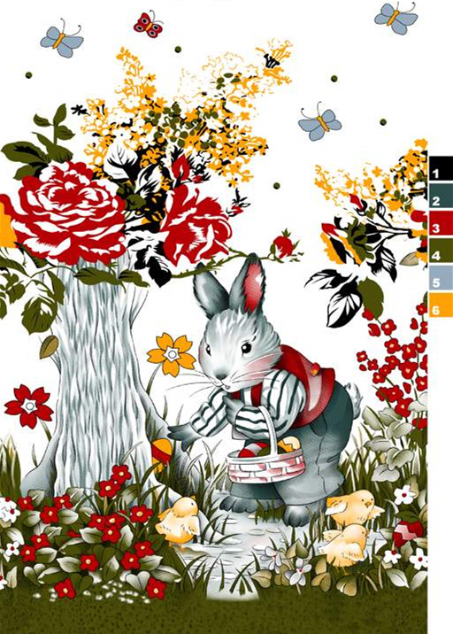 童趣森林兔与繁花图案面料印花素材,适用于儿童服装印花设计