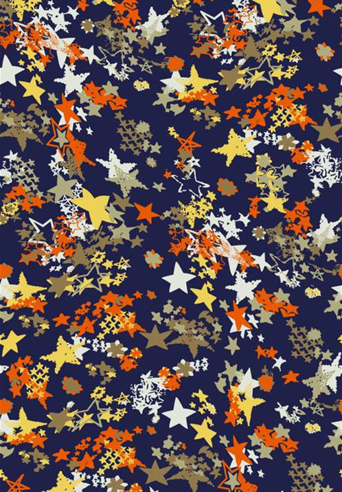 深蓝底星芒撞色面料印花素材,适用于休闲服装印花设计