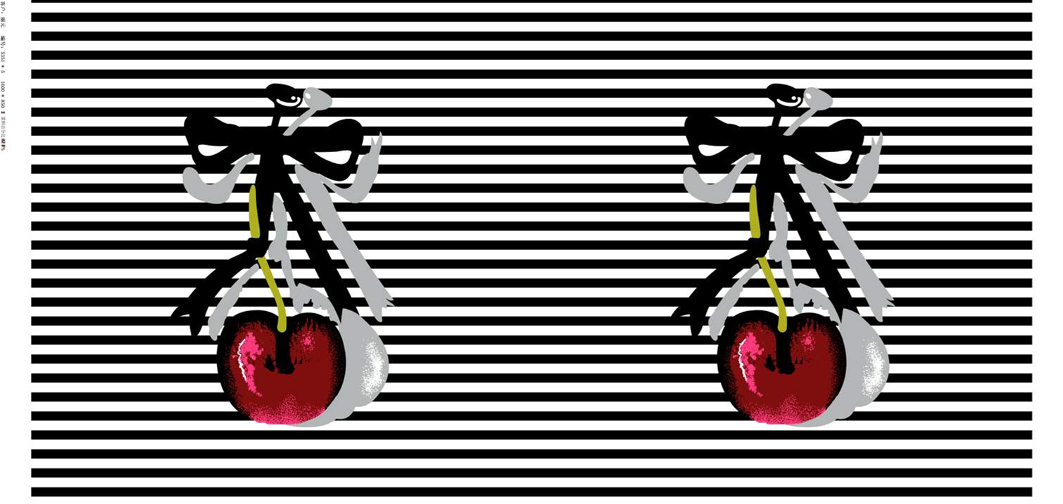 黑白条纹背景樱桃蝴蝶结面料印花素材,适用于服装印花设计