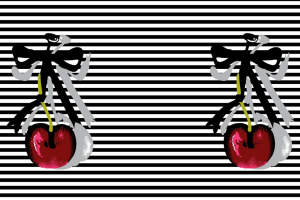 黑白条纹背景樱桃蝴蝶结面料印花素材，适用于服装印花设计