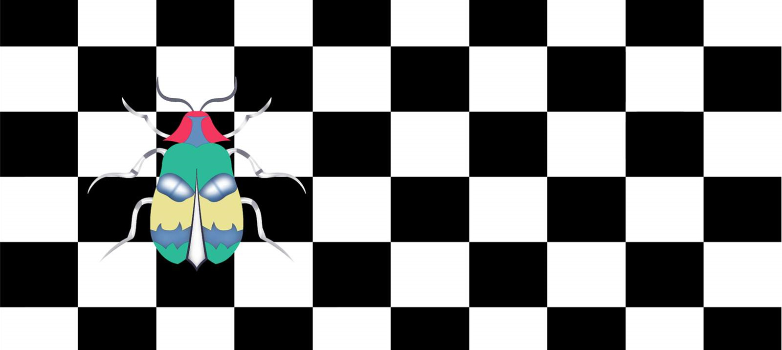 几何棋盘背景上的彩色甲虫图案面料印花素材