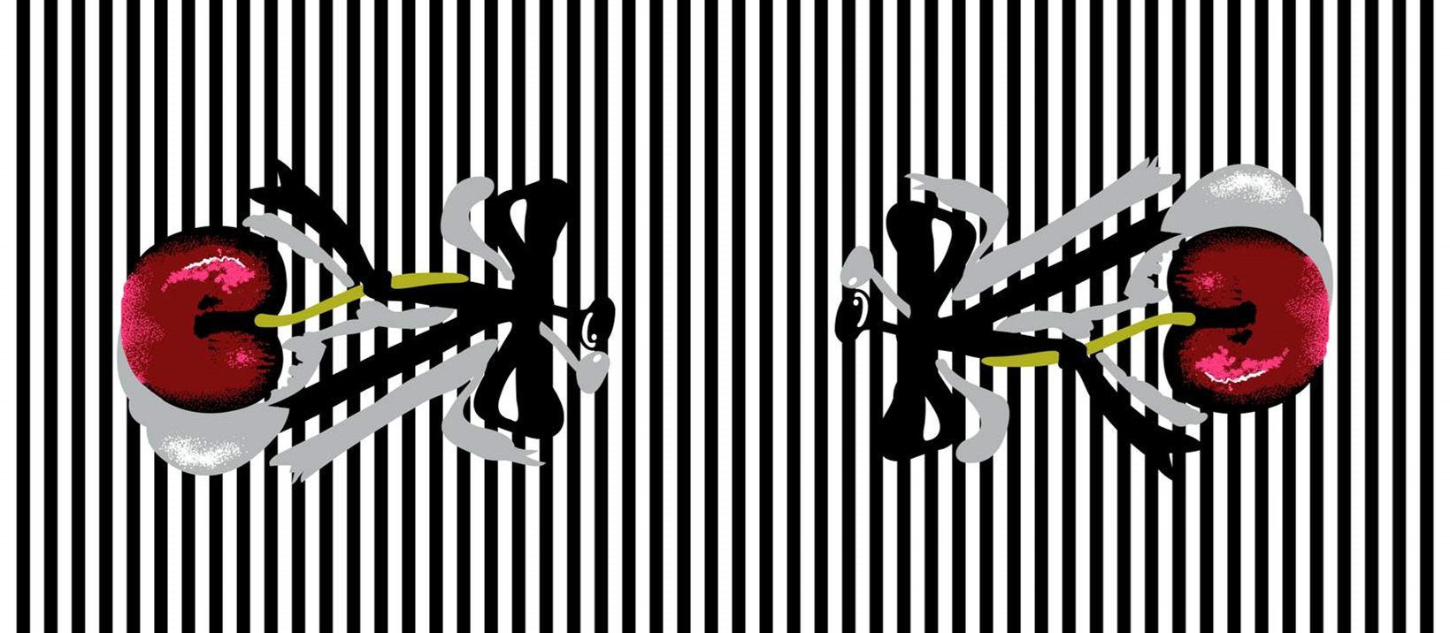 黑白条纹背景樱桃抽象印花图案,适用于服装印花与面料设计素材