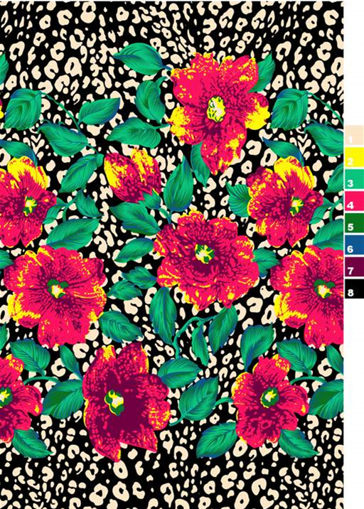 豹纹底红黄花卉面料印花素材,适用于服装印花设计