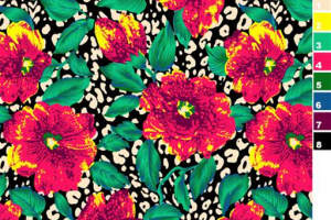 豹纹底红黄花卉面料印花素材，适用于服装印花设计