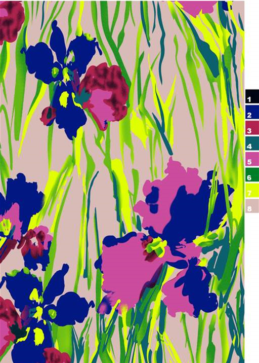 高饱和度鸢尾花面料印花素材,适用于春夏服装印花设计