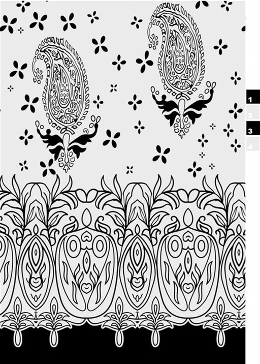 黑白佩斯利花卉边饰面料印花素材,适用于服装印花设计