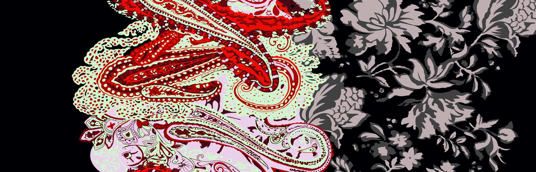 复古佩斯利与灰调花卉组合面料印花素材,适用于服装印花设计