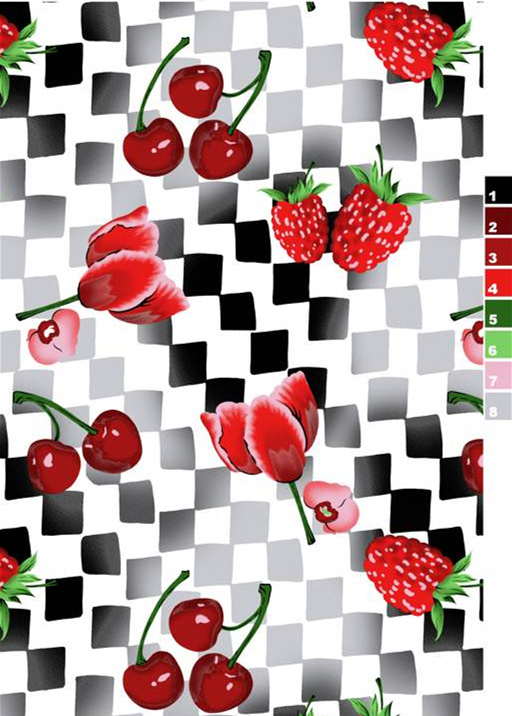 樱桃草莓郁金香格纹面料印花素材,清新活泼服装印花设计图