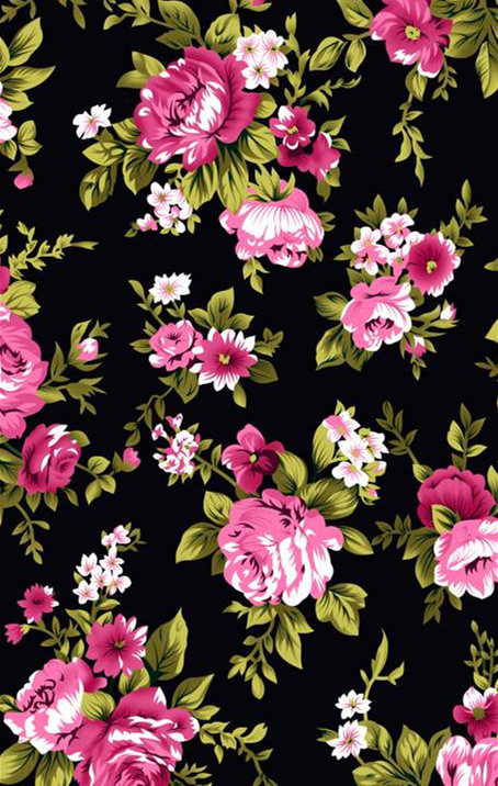 黑底粉玫花卉面料印花素材,经典复古风服装印花设计图