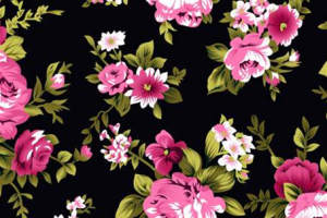 黑底粉玫花卉面料印花素材，经典复古风服装印花设计图