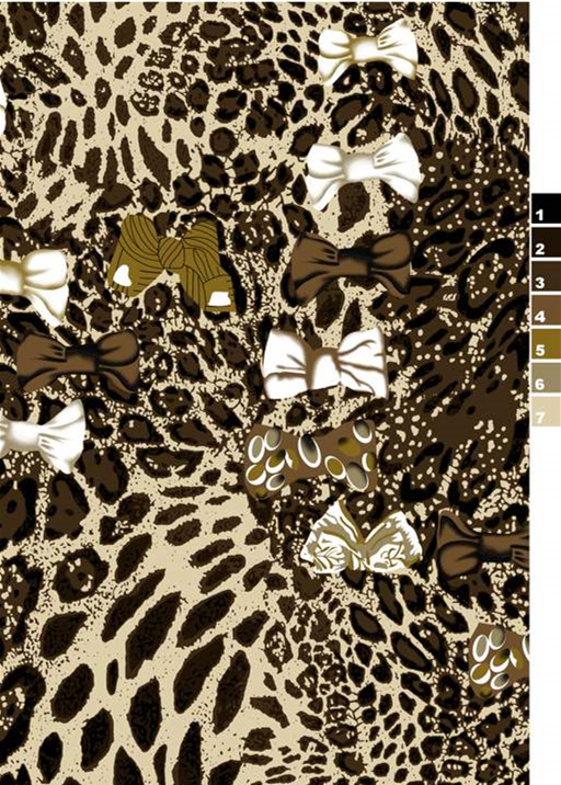 豹纹底纹搭配立体蝴蝶结印花面料,适用于服装印花设计的高清素材图