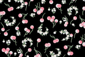 黑底粉樱小花环面料印花素材，清新甜美服装印花设计图