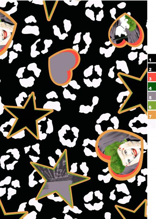 黑白豹纹底+爱心星星拼贴风服装印花素材,适合潮牌T恤与街头服饰设计
