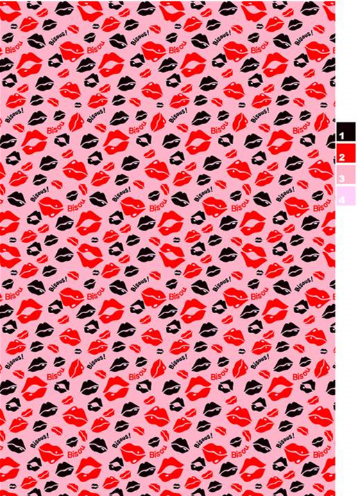 粉色背景红黑唇印面料印花素材,适用于T恤与潮流服装印花设计